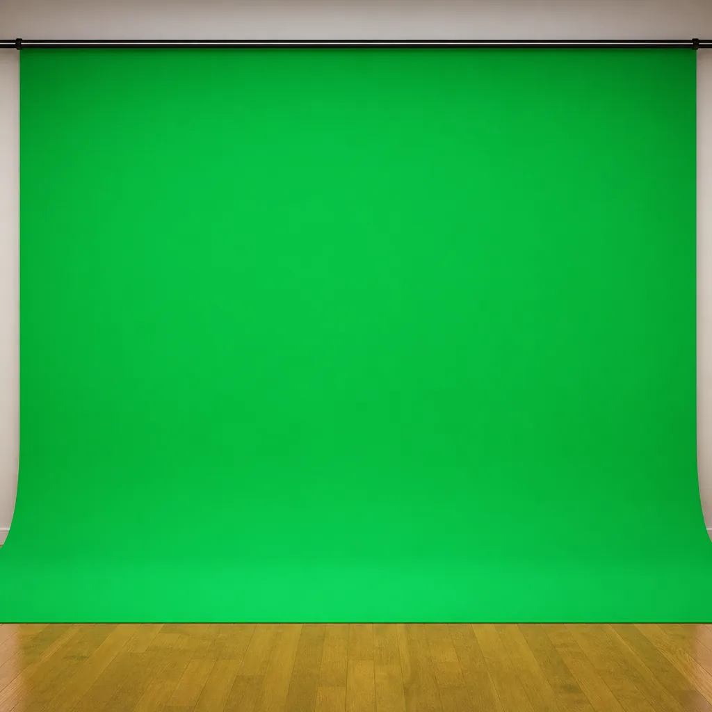 Chroma-key green screen photo booth backdrop on a hardwood floor