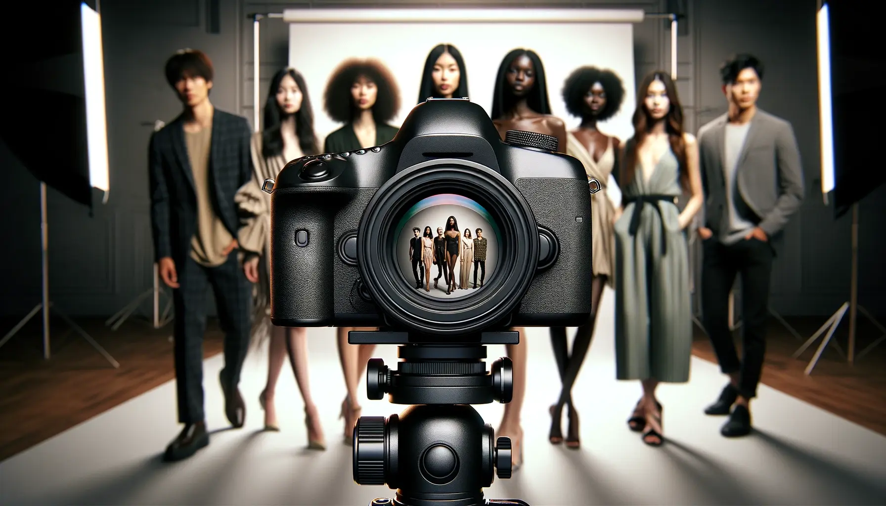 Professional DSLR camera focusing on a diverse group of models in a photo studio, with a creative reflection in the lens showcasing the subjects, indicative of high-quality photography services offered by Rent a PhotoBooth for fashion shoots and events.